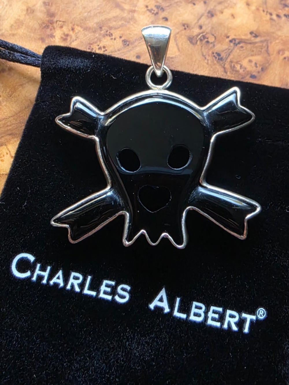 Onyx & Fine Silver Skull & Crossbones Pendant